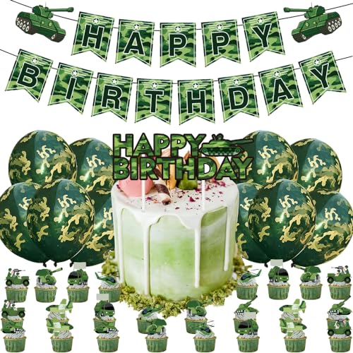 KreEzi Camouflage Geburtstagsfeier Dekorationen, 36 Stück Grüne Camo Alles Gute zum Geburtstag Banner Hängende Strudel Cupcake Toppers für Jungen Mädchen Erwachsene von KreEzi