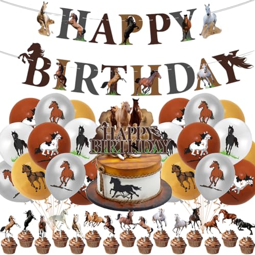 KreEzi Pferde-Geburtstags-Party-Dekorationen, Pferd Luftballons Partydekorationen, Pferde Luftballons, Pferd Happy Birthday Banner, Pferde Deko Kindergeburtstag, Pferde Geburtstag (Braun) von KreEzi