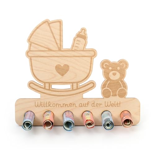 Kreative Feder Geldgeschenk Willkommen auf der Welt zur Geburt - Geldscheinhalter aus Holz in originellem Design mit 6 Löchern für Geldscheine (Willkommen auf der Welt) von Kreative Feder