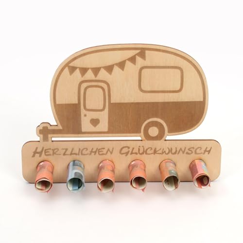 Kreative Feder Geldgeschenk Wohnwagen & Camping zum Geburtstag - Geldscheinhalter aus Holz in originellem Design mit 6 Löchern für Geldscheine (Wohnwagen) von Kreative Feder