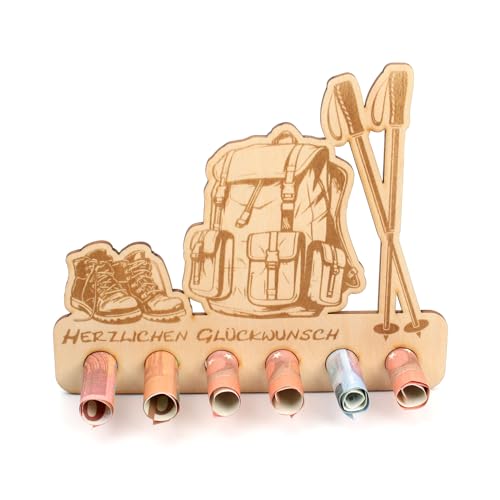 Kreative Feder Geldgeschenk Wandern zum Geburtstag - Geldscheinhalter aus Holz mit 6 Löchern für Geldscheine (Rucksack) von Kreative Feder