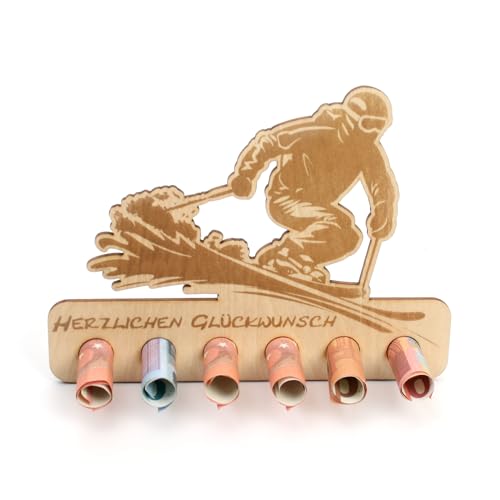 Kreative Feder Geldgeschenk Ski zum Geburtstag - Geldscheinhalter aus Holz mit 6 Löchern für Geldscheine (Ski) von Kreative Feder