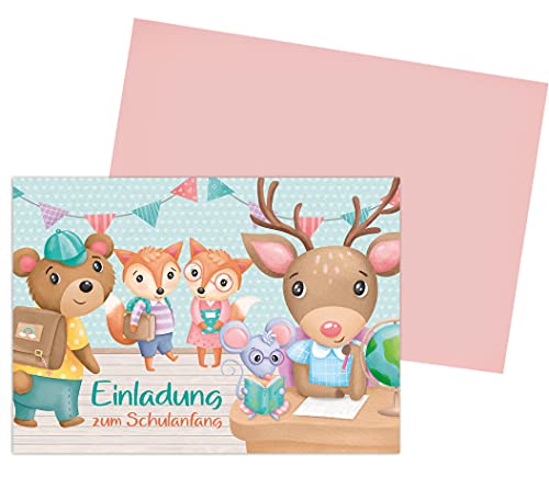 Einladungskarten Einschulung "Waldschule" Tiere Schulanfang Mädchen - Kreatives Herz (10 Karten mit rosa Umschlag) von Kreatives Herz