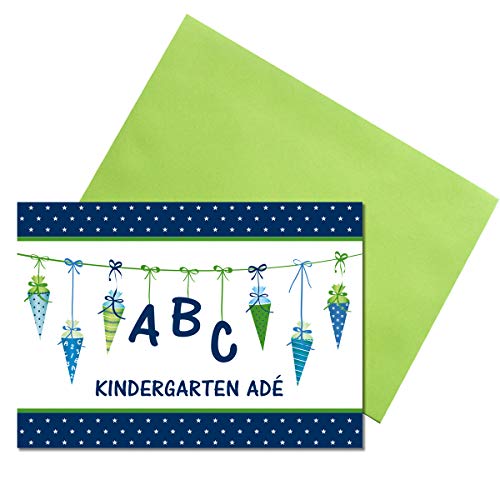 Kreatives Herz - ABC Einladungskarten zur Einschulung (10er Set - A6) für Jungen Einladungen Schulanfang Kinder Party 1. Schultag Schultüte Zuckertüte grün blau (10 Karten + 10 grüne Umschläge) von Kreatives Herz