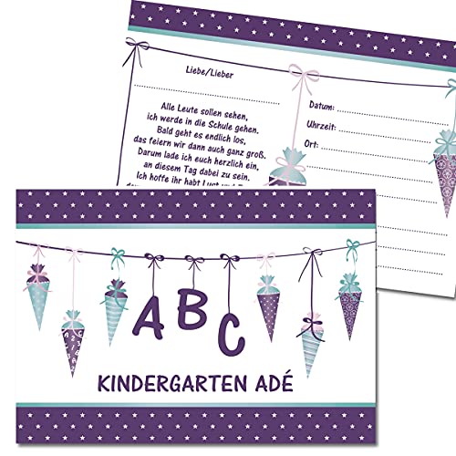 Kreatives Herz - ABC Einladungskarten zur Einschulung für Mädchen Einladungen Schulanfang Kinder Party 1. Schultag Schultüte Zuckertüte LILA (10 Karten + 10 weiße Umschläge) von Kreatives Herz