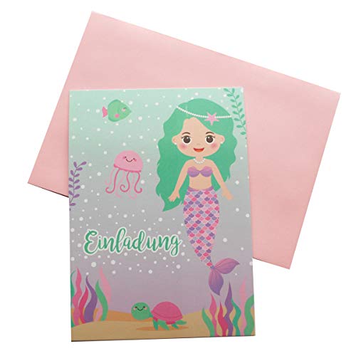 PDTXCLS Kreatives Herz 10 Einladungskarten zum Kindergeburtstag mit rosa Umschlägen Meerjungfrau Nixe Einladungen Unterwasserwelt Party Mädchen von Kreatives Herz