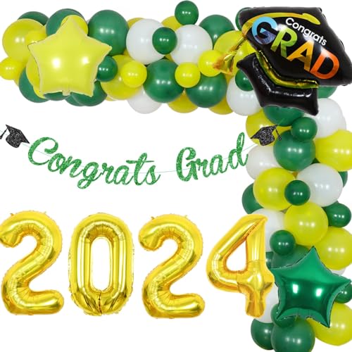 2024 Graduation Dekorationen gelbe und grüne Ballons Girlande Kit Congrats Grad Banner Nummer 2024 Star Folienballons für Universität High School Klasse von 2024 Herzlichen Glückwunsch Grads von Kreatwow