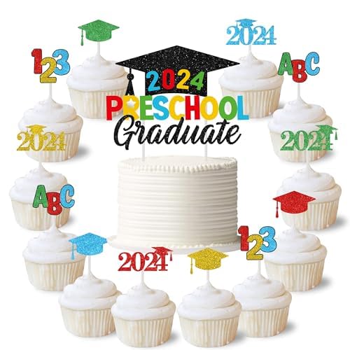2024 Kindergarten Grad Cake Topper mit Vorschule Themed Cupcake Toppers Klasse von 2024 Grad Dekorationen für Kinder Congrats Grad Party Tortendekorationen - 25Pcs von Kreatwow