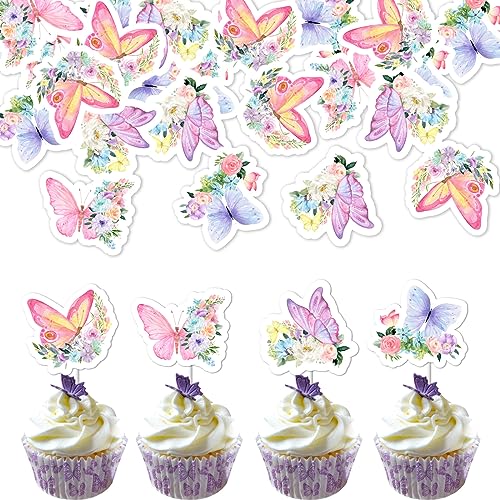 24 Stück Schmetterlings-Cupcake-Topper für Mädchen, Schmetterlings-Kuchenaufsätze, Schmetterlings-Motto-Partydekorationen, Schmetterlings-Geburtstagsparty-Kuchendekorationen von Kreatwow
