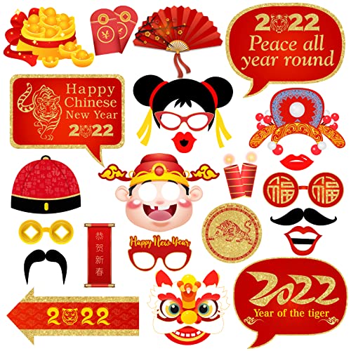 24Pcs Chinese New Year Photo Booth Requisiten Kit, Jahr der Tiger Dekorationen, 2022 Spaß Asiatische Foto Requisiten für Lunar New Year Spring Festival Supplies von Kreatwow
