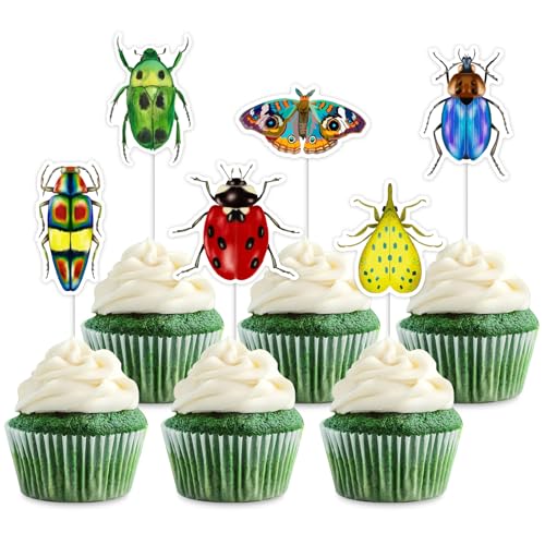 36 Stück Insekten-Cupcake-Topper, Insekten-Party-Kuchendekorationen, Sommer-Frühlings-Insekten-Themen-Kuchentopper, Käfer, Käfer, Marienkäfer und Schmetterling, drinnen und draußen von Kreatwow