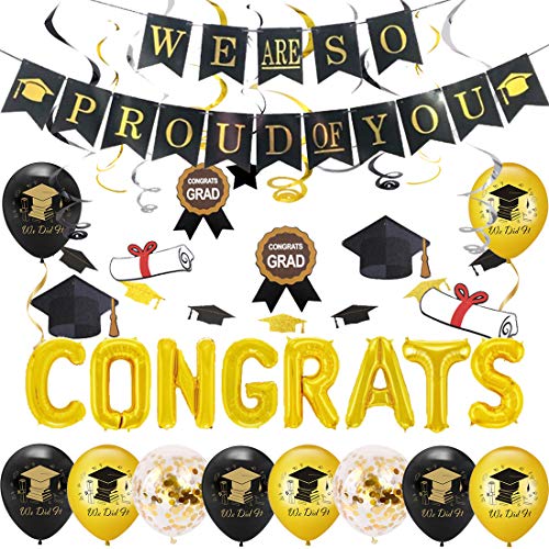 Kreatwow Abschlussfeier-Dekorationen 2025 Schwarz und Gold Graduierungs-Glückwünsche Luftballons We Are So Proud of You Banner Abschlusskappen-Girlande Hängende Wirbel Konfetti Luftballons von Kreatwow