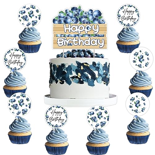 Blaubeer-Geburtstagsparty-Dekorationen, 1 Stück Blaubeer-Kuchenaufsatz „Alles Gute zum Geburtstag“, 12 Stück Blaubeer-Cupcake-Aufsatz für Geburtstagsdekorationen zum Thema Obst von Kreatwow