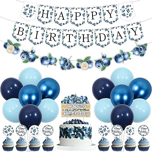 Blaubeer-Geburtstagsparty-Dekorationen, Blaubeer-Happy-Birthday-Banner, Kuchenaufsatz, Cupcake-Topper, Blaubeergirlande für Obst-Motto-Geburtstagsparty-Dekorationen, Sommer-Geburtstagsdekorationen von Kreatwow