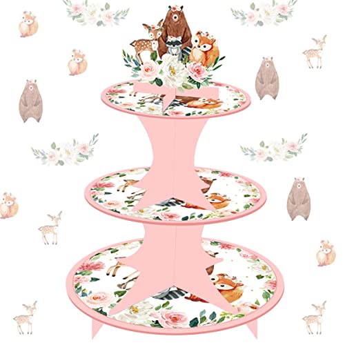 Cupcake-Ständer mit Waldtieren für Mädchen Rosa 3-stöckige Tortenständer für Babyparty Dschungeltiere Cupcake-Turm Dekorationen für Waldgeburtstag Tierthema Party Kuchenhalter Dekorationen für Kinder von Kreatwow