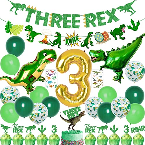 Dinosaurier-Dekoration zum 3. Geburtstag, Party-Zubehör für 3 Rex-Geburtstagspartys – drei Rex-Banner, Kuchen- und Cupcake-Aufsätze, Dinosaurier-Ballons, temporäre Tattoos für Brüllen von Kreatwow