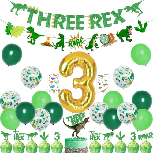 Dinosaurier-Dekoration zum 3. Geburtstag, Party-Zubehör für 3 Rex-Geburtstagspartys – drei Rex-Banner, Kuchen- und Cupcake-Aufsätze, Dinosaurier-Ballons, temporäre Tattoos für Brüllen von Kreatwow