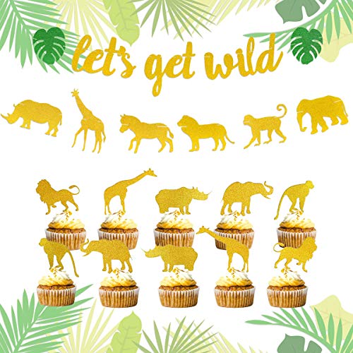 Dschungel-Safari-Tier-Banner, goldener Glitzer-Aufsatz für Babypartys, wilde Geburtstagsparty, Dschungelsafari-Tier-Party-Dekorationen, Zubehör von Kreatwow