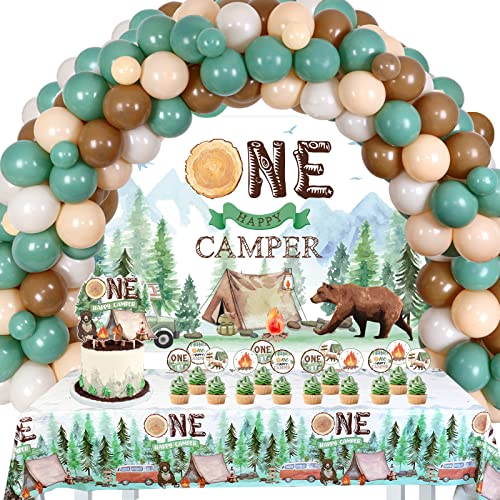 Ein „Happy Camper“-Geburtstagsdekorationsset, Camping-Dekorationen für die 1. Party, Hintergrund, Tischdecke, Safari-Dschungel-Geburtstagsdekorationen, Camping-Motto-Partydekorationen von Kreatwow