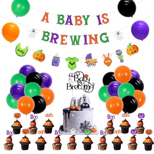 Halloween Babyparty Dekorationen, A Baby Is Brewing Banner Glitzer mit Geisterschild für Mädchen Jungen, Halloween Thema Girlande mit Kuchen und Cupcake Topper Set von Kreatwow