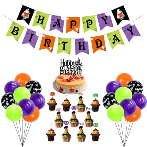 Halloween-Geburtstagsparty-Dekorationen für Jungen und Mädchen – Happy Birthday Banner, Halloween-Thema, Folien-Latex-Luftballon-Kit, Kuchen und Cupcake-Topper für Zuhause Kaminsims, gruselige von Kreatwow