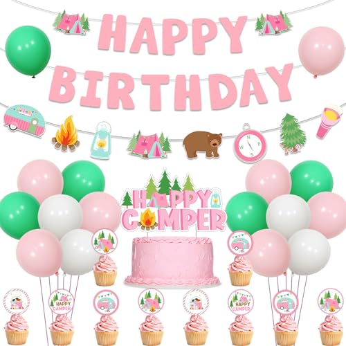 Happy Camper-Geburtstagsdekorationen für Mädchen, rosa Camper-Thema, Happy Birthday-Banner, Girlande, Kuchenaufsätze für Mädchen, Camping-Motto-Geburtstag, Safari, Geburtstagsspaß von Kreatwow