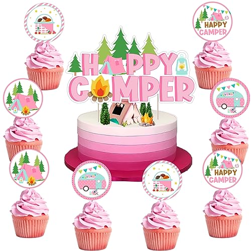 Happy Camper“Geburtstagskuchendekorationen für Mädchen, rosa Happy Birthday“-Kuchenaufsatz, Camper-Cupcake-Topper für Camping-Geburtstags-Safari-Dschungel-Geburtstagsspaß-Abenteuer-Party-Dekorationen von Kreatwow