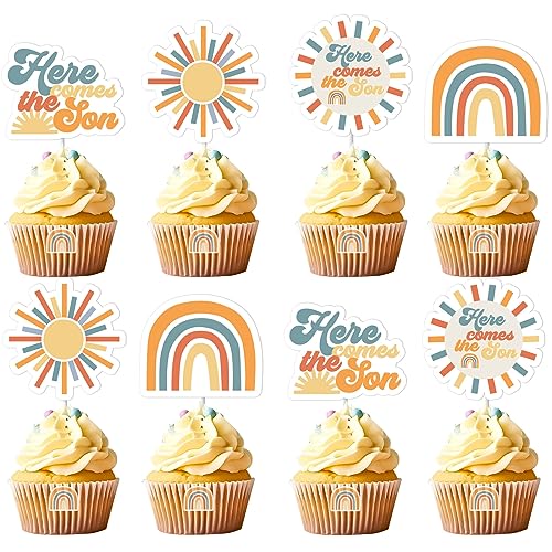 Here Comes the Son Babyparty-Dekorationen, Kuchenaufsatz, 24 Stück, Retro-Sonnenschein-Babyparty-Dekorationen, Kuchenaufsatz, Junge, You Are My Sunshine, Babyparty, Cupcake-Topper von Kreatwow