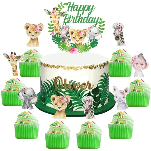 Dschungel Geburtstag Kuchen Topper Mädchen, Dschungel Geburtstag Party Zubehör für Mädchen, 25pcs Safari Tier Kuchen & Cupcake Toppers für Wild One, Two Wild Birthday von Kreatwow