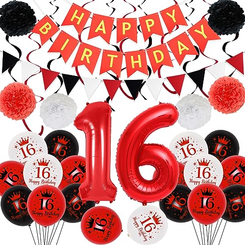 Kreatwow 16. Geburtstag Dekorationen Rot und Schwarz Happy 16th Birthday Hängende Wirbel Papier Pom Poms Nummer 16 Luftballons Ziehen Flaggen Dekorationen für Jungen und Mädchen von Kreatwow
