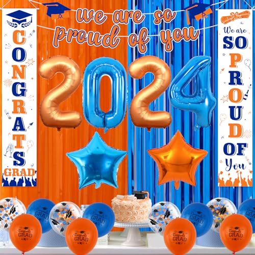 Blaue und orangefarbene Graduierungsdekorationen von Kreatwow, „Congrats Grad“, Veranda-Schild „We Are So Proud of You“-Banner, Congrats-Banner, hängende Dekoration, Klasse 2024 von Kreatwow