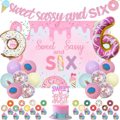 Kreatwow Donut 6. Geburtstag Party Dekorationen Sweet and Sassy Six Backdrop Donut Sweet and Sassy Six Banner Pastell Donut Ballon Ice Cream Candy Cake Cupcake Topper Sweet 6th Birthday von Kreatwow