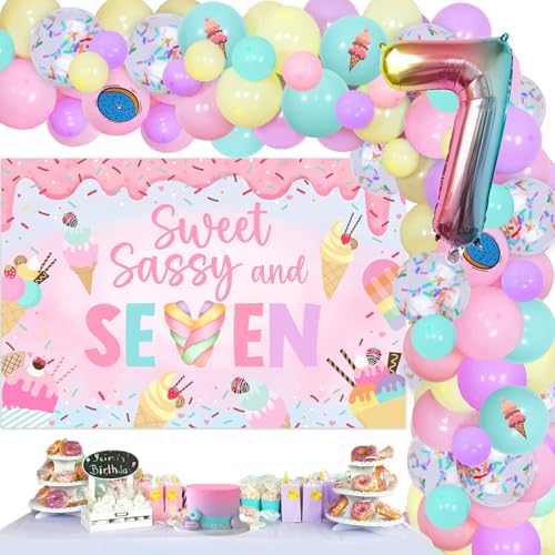 Kreatwow Donut 7th Birthday Party Dekorationen Sweet Sassy und Seven Backdrop Banner Ice Cream 7th Birthday Dekorationen Donut Ballon Girlande Kit Ice Cream Ballon Sweet 7th Birthday Decor for Girl von Kreatwow