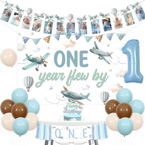 Kreatwow Flugzeugparty 1. Geburtstag Dekorationen Flugzeug Foto Banner One Year Flew By Birthday Hintergrund Banner Time Flies Flugzeug Luftfahrt Party Dekoration Hochstuhl Banner Kuchen Topper von Kreatwow