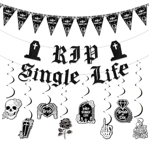 Kreatwow Gothic Verlobungsfeier Dekorationen Rip Single Life Banner Braut oder Sterben Junggesellinnenabschied Dekor Goth Wimpel Banner Skelette Hängende Wirbel Gothic Junggesellinnenabschied Hochzeit von Kreatwow