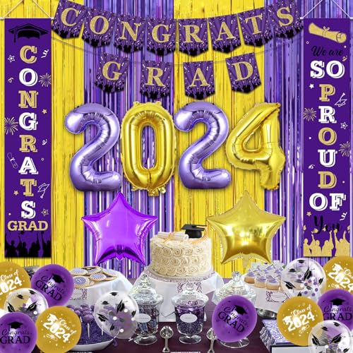 Kreatwow Graduierungsparty-Dekoration, Lila und Gold, Congrats Grad Banner, Veranda-Schild „We Are So Proud of You“, Grad-Veranda-Türschild, Banner, Klasse 2024, Grad-Ballon, 2024-Ballon von Kreatwow