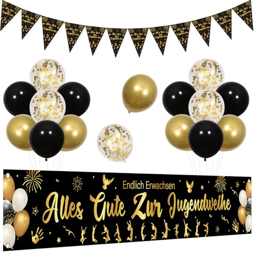 Kreatwow Jugendweihe Deko Alles Gute Zur Jugendweihe Garten Banner Schwarz Gold Happy Jugendweihe Dreieck Hängende Girlande Endlich Erwachsen Party Dekorationen Luftballons Outdoor Junge Mädchen von Kreatwow