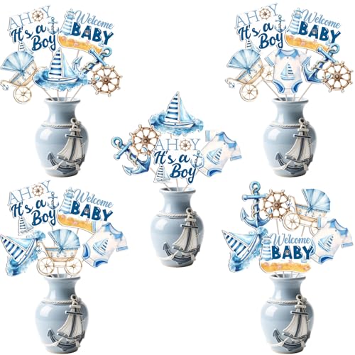 Kreatwow Nautische Babyparty-Dekorationen, 24 Stück, Ahoy It's A Boy, Mittelstück für Babyparty, Ahoi, nautische Tischdekoration, Ozean, Marineblau, Dekoration, Navigation, Seemannsboot, Anker von Kreatwow
