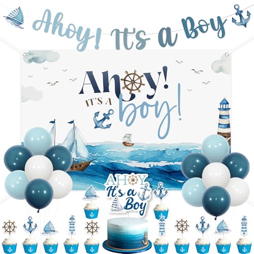 Kreatwow Nautische Babyparty-Dekorationen Ahoi It's A Boy Hintergrund Banner nautische Party Kuchen Topper Ozean Marine Themenparty Matrosen Geburtstag Ozean Segelboot Leuchtturm Dekor für von Kreatwow