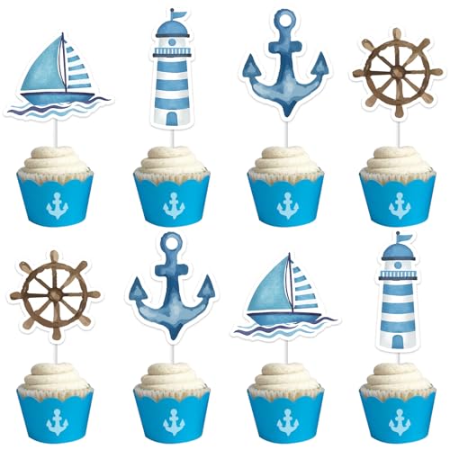 Kreatwow Nautische Cupcake Topper - 24 Stück in 4 verschiedenen Designs - Marine Thema Party Dekoration für 1. Geburtstag, Baby Dusche & mehr Kreatwow Nautische Cupcake Topper - 24 Stück in 4 verschiedenen Designs - Marine Thema Party Dekoration für 1. Geburtstag, Baby Dusche & mehr von Kreatwow