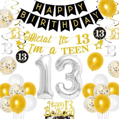 Kreatwow Offizielle Teenager-Geburtstagsdekorationen 13. Geburtstagsdekorationen für Jungen Mädchen Schwarzes Gold mit offiziellem Teenager-Banner-Hängestrudel 13 Folienballons von Kreatwow