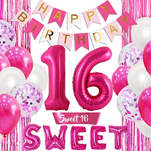 Kreatwow Party-Dekorationen zum 16. Geburtstag, Hot Pink, Sweet 16 Ballon-Banner, Nummer 16, Luftballons, Happy Birthday-Banner, Fransenvorhang-Schärpe für 16. Geburtstag, Dekorationen, Rosa Kreatwow Party-Dekorationen zum 16. Geburtstag, Hot Pink, Sweet 16 Ballon-Banner, Nummer 16, Luftballons, Happy Birthday-Banner, Fransenvorhang-Schärpe für 16. Geburtstag, Dekorationen, Rosa von Kreatwow