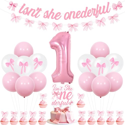 Kreatwow Partydekoration für den 1. Geburtstag, mit rosa Schleife, Aufschrift "Isn't She Onederful", "Happy Bowday", 1 Jahr alt, Party-Dekorationen mit Aufschrift "Isn't She Lovely Bowknot", Kreatwow Partydekoration für den 1. Geburtstag, mit rosa Schleife, Aufschrift "Isn't She Onederful", "Happy Bowday", 1 Jahr alt, Party-Dekorationen mit Aufschrift "Isn't She Lovely Bowknot", von Kreatwow