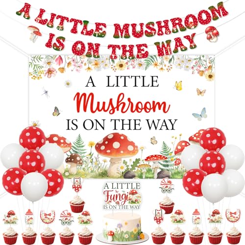 Kreatwow Pilz Babyparty Party Dekoration A Little Mushroom Is On The Way Hintergrund Banner Pilze Babyparty Kuchen Topper Fee Pilze Party Wald Thema Dekor Ballon für Schwangerschaft von Kreatwow