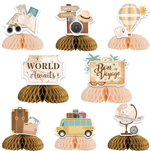 Kreatwow Reise Party Dekorationen 8er Set Bon Voyage Wabendekorationen Weltkarte beige Geburtstag Babyparty von Kreatwow