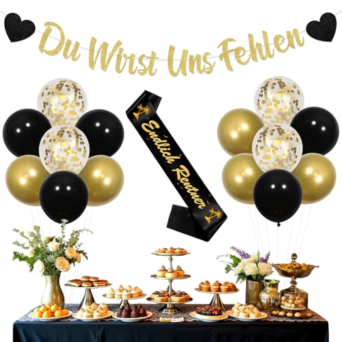 Kreatwow Rente Party Deko Du Wirst Uns Fehlen Banner Endlich Rentnerin SchäRpe Luftballon Good Luck Abschieds Party Deko Schwarz Gold We Will Miss You Deko für Mann Frau Abschiedsfeier und Ruhestand von Kreatwow