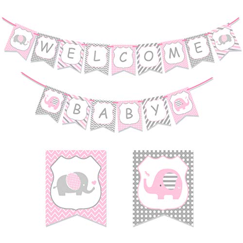 Kreatwow Rosa Elefant Babyparty Dekoration Willkommens Baby Banner für Mädchen, Willkommen Zuhause Banner, Kleiner Elefant, Kleine Erdnuss, Kleine Prinzessin, Babyparty Banner Dekorationszubehör von Kreatwow