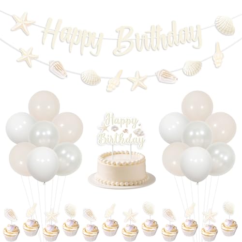 Kreatwow Strand Muschel Geburtstag Dekorationen Set Sea Shell Happy Birthday Banner Girlande Strand Muschel Party Dekoration Cake Topper Ocean Pearl Seashell Seestern Party Unter dem Meer Ballon von Kreatwow