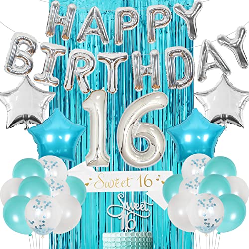 Kreatwow Sweet 16 Geburtstag Dekorationen Teal Girls sechzehn Geburtstag Lieferungen Türkis mit 16. Cake Topper Blue Konfetti Luftballons Sash Teal Vorhang von Kreatwow