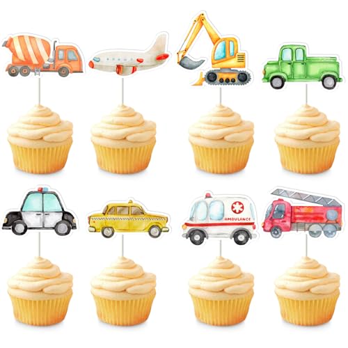 Kreatwow Transport Cupcake Toppers 32 Pcs Feuerwehrauto Krankenwagen Taxi Flugzeug Bauwagen Flugzeug Polizei Auto Aquarell Cupcake Picks Transport Geburtstag Party Baby Dusche Zubehör von Kreatwow